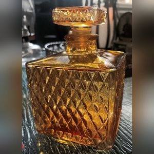 Vintage 70's Amber Color Decanter Bottle - Square - Diamond Point w/ Topper
